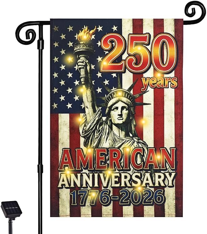 FLAGMESAGE Lighted 250th Anniversary USA Garden Flag for Outside, Solar Led Double-sided Patriotic Banner with 1776-2026 250 Years of American Freedom Design for Independence Day, July 4th Decor (LED Statue of Liberty, 12 x 18 Inch) - Product Image