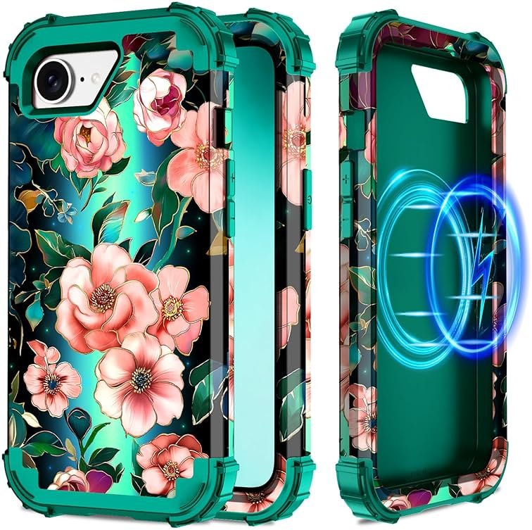 Hekodonk for iPhone 17e Case Magnetic,[Compatible with MagSafe] Floral Three Layer Heavy Duty Drop Shockproof Full Protective Women Girls Case for Apple iPhone 17e 6.1 inch,Green/Black - Product Image