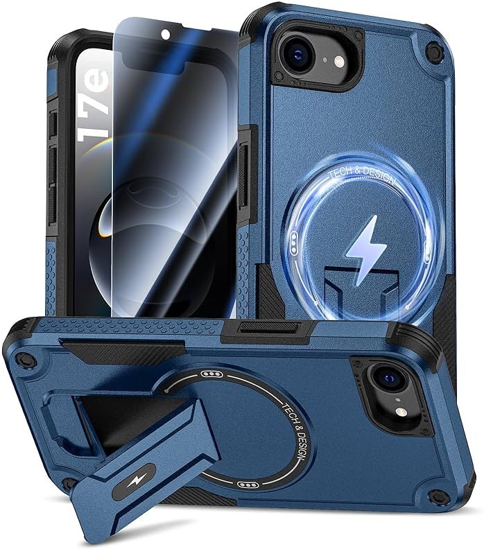 Goton for iPhone 17e/16e Case with Privacy Tempered Glass Screen Protector, Compatible with MagSafe, Invisible Kickstand, Shockproof Phone Cover for Apple iPhone 17 e 16 e Blue - Product Image