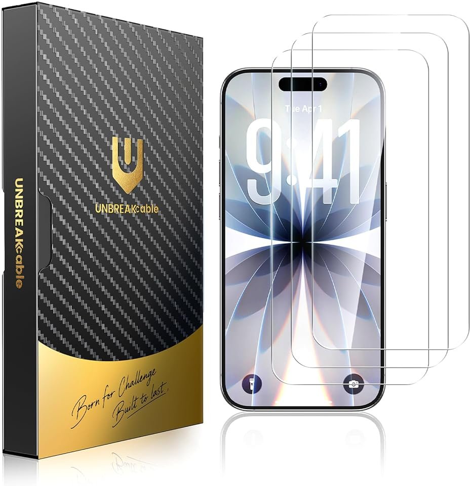 UNBREAKcable for iPhone 17 Screen Protector [Quick-Installation Box] 3-Pack 9H+ Hardness Shatterproof Tempered Glass [99.99% HD Clear] [Case Friendly] [Bubble Free] for iPhone 17 6.3" - Product Image