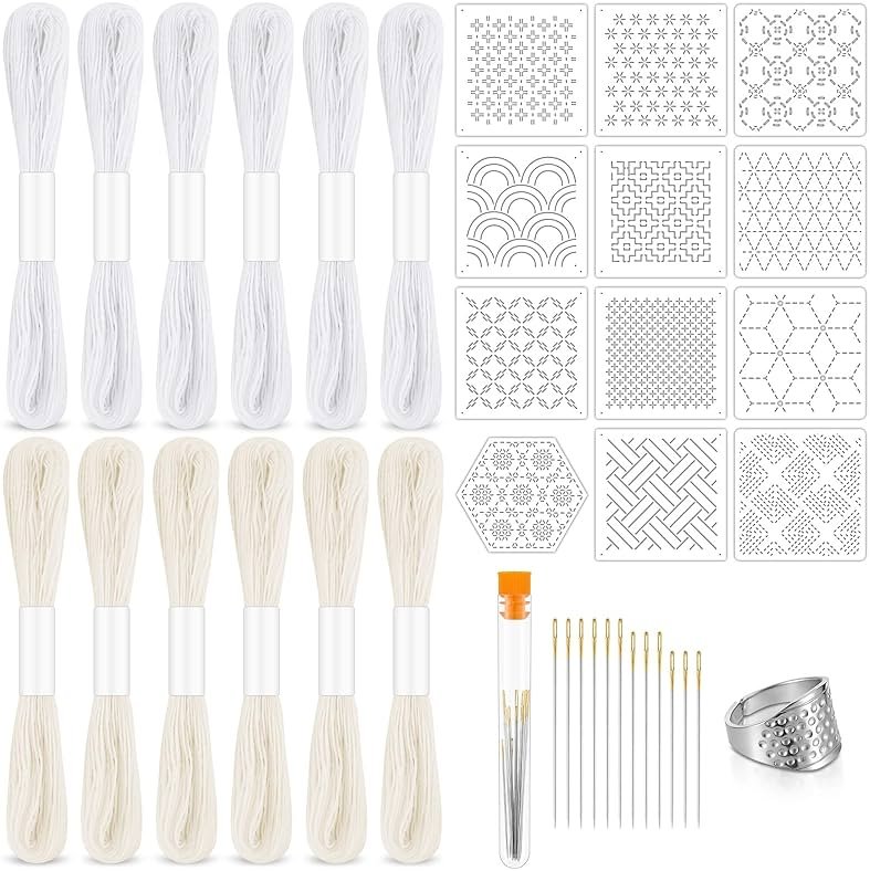 37 Pcs Sashiko Thread Kit Sashiko Needles Cotton Thimble Sashiko Patterns Embroidery Projects for Sewing Hand Quilting Mending Supplies (White) - Product Image