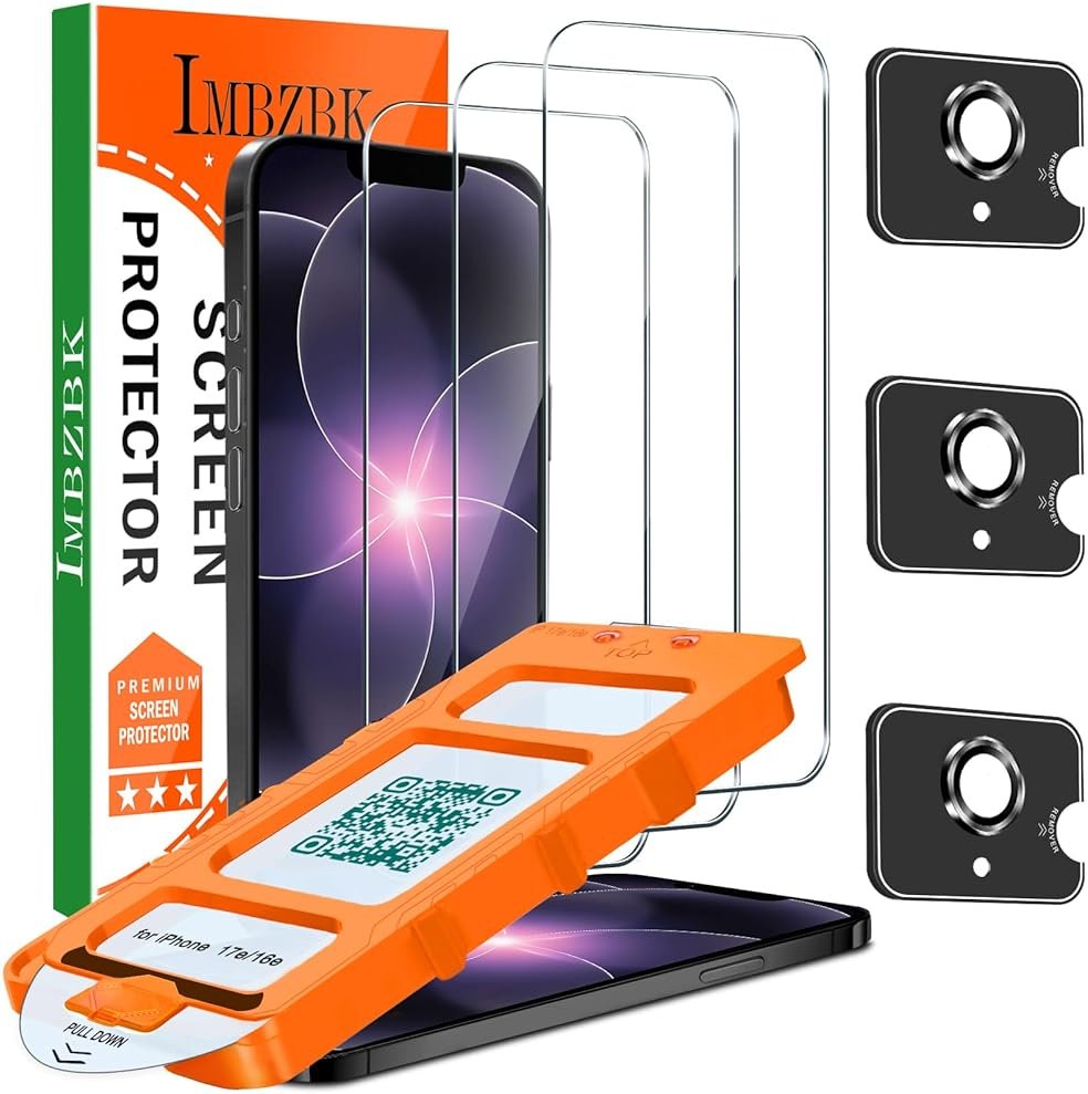 IMBZBK [Auto-Dust Removal] 3 Pack Screen Protector for iPhone 17e / iPhone 16e Accessories, Case Friendly Film, Military Grade Shatterproof Tempered Glass 3 Camera Lens Protector, Easy Installation - Product Image