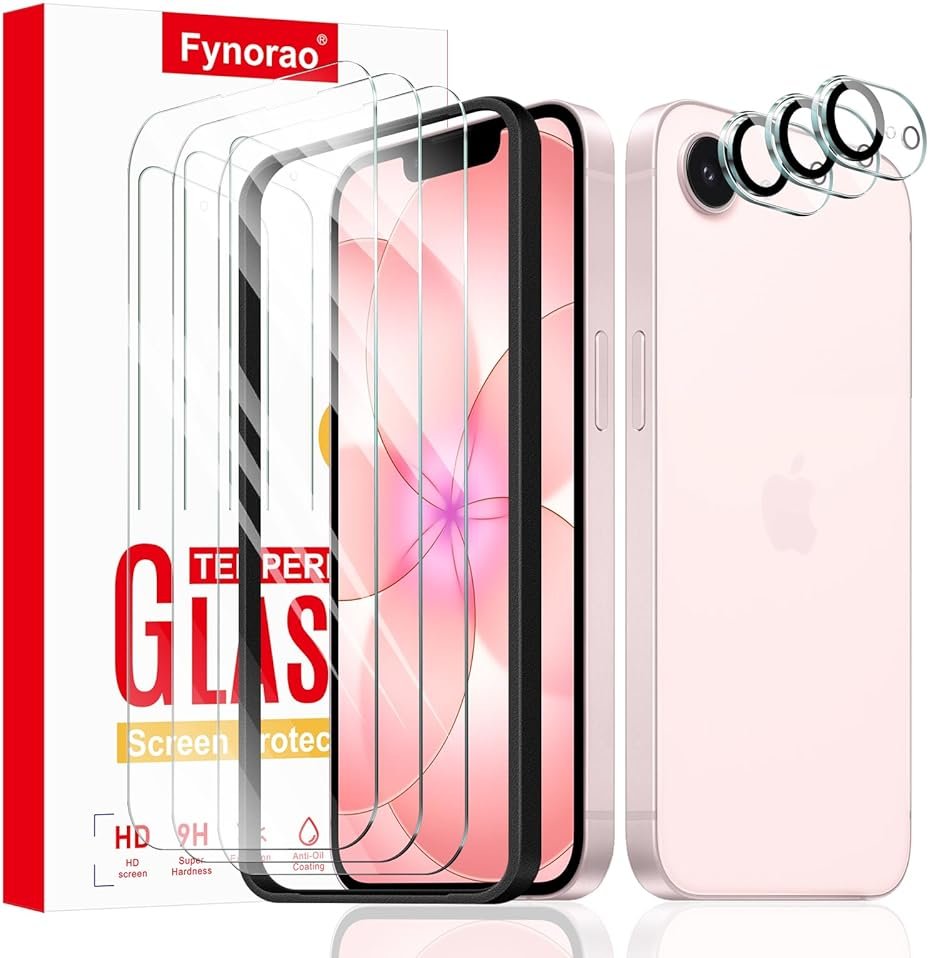 Fynorao 3+3+1-Pack, Screen Protector and Camera Lens Protector for iPhone 16e/17e with Installation Alignment Aid, Tempered Glass Film, Impact-Protection, HD, Anti-Scratch, 9H Hardness - Product Image