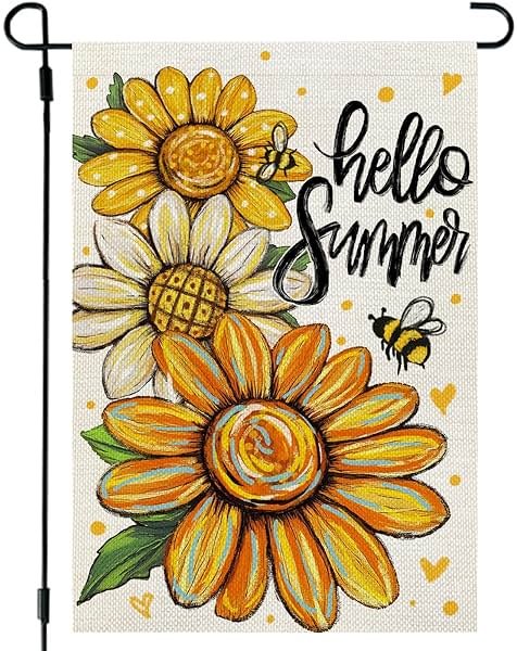 CROWNED BEAUTY Hello Summer Garden Flag Sunflowers 12x18 Inch Double Sided Small Floral Seasonal Holiday Decoration for Outside Yard - Product Image