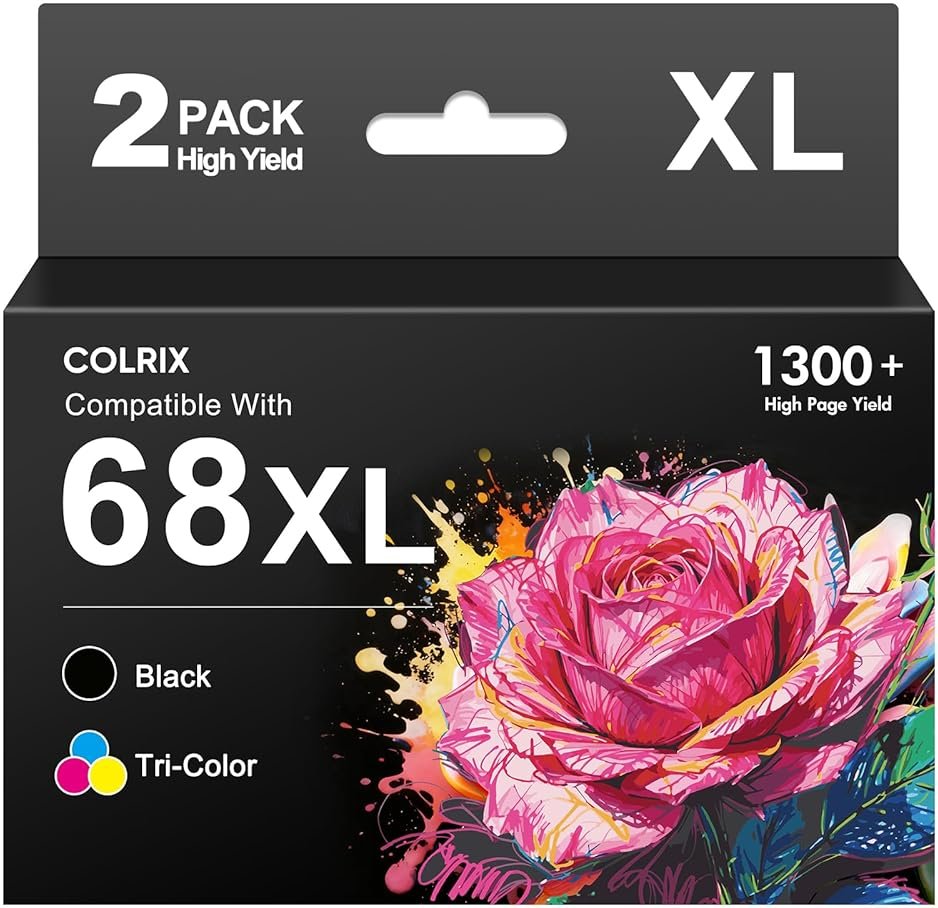 COLRIX 68XL 68 Ink Cartridges Black/Color Combo Pack Compatible for HP Ink 68, High Yield 68 Ink Cartridges for HP Envy 6155e 6555e 6152e 6552e 6558e Printers (Color/Black, 2 Pack) - Product Image