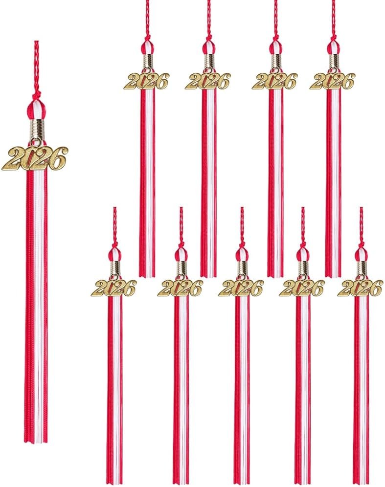 Class Act Graduation Tassels Bulk Set – 10 Pack Tassels with 2026 Year Charm, Classic Grad Accessories for High School, College and University, Red/White - Product Image