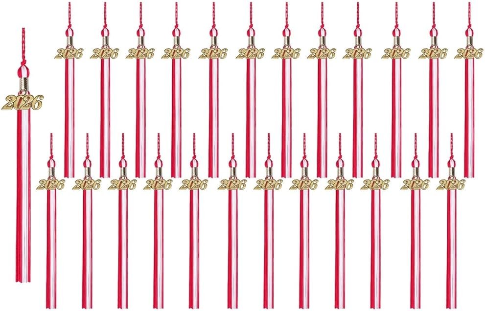 Class Act Graduation Tassels Bulk Set – 25 Pack Tassels with 2026 Year Charm, Classic Grad Accessories for High School, College and University, Red/White - Product Image
