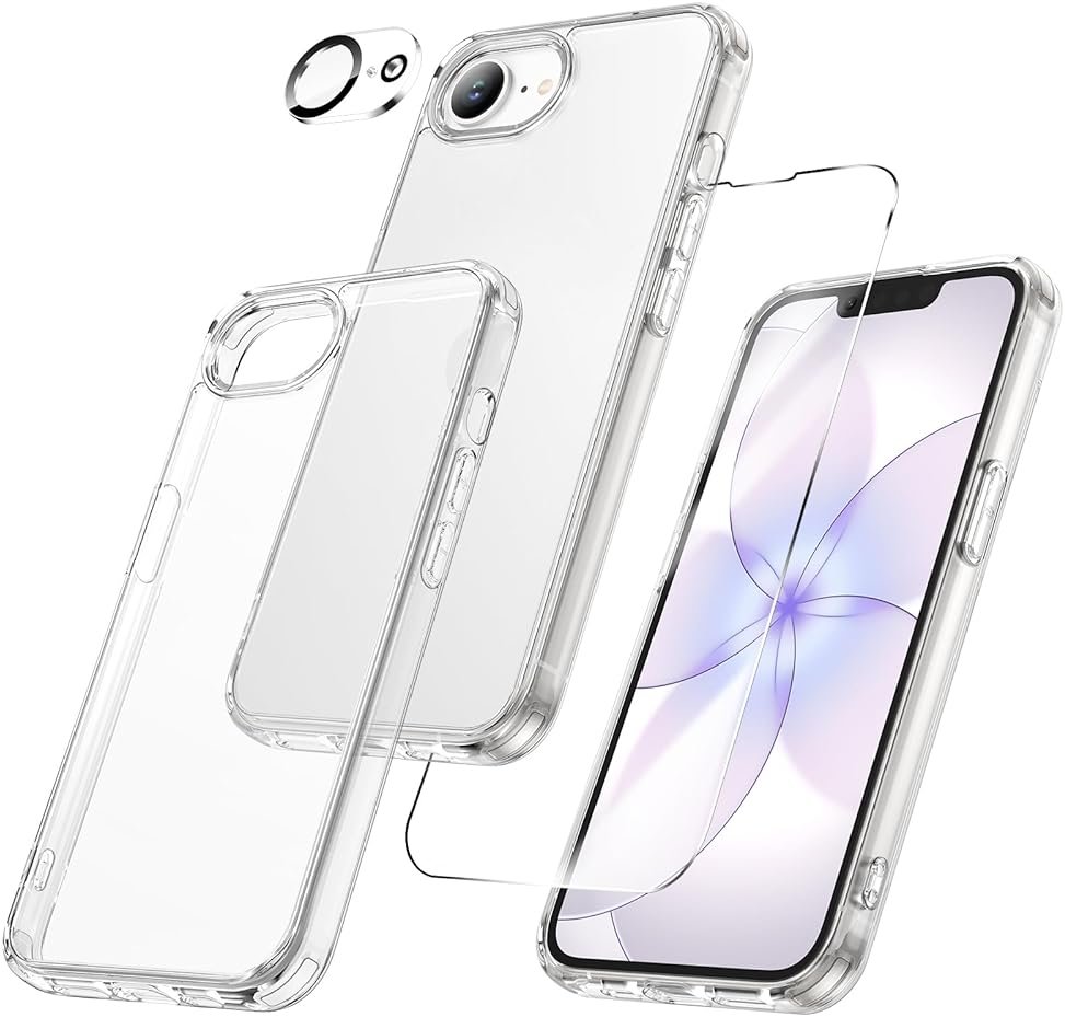 Maxdara for iPhone 17e Case& iPhone 16e Case, [3 in 1] with Front Tempered Glass Screen Protector & Camera Lens Protector & Anti-Yellowing Slim Shockproof Cover for iPhone 17e (Transparent+Clear) - Product Image