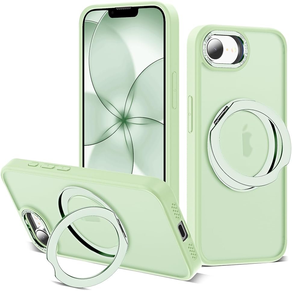 Zalinbo for iPhone 16e Case & iPhone 17e Case with 360° Rotatable Magnetic Ring Stand Compatible with Mag-Safe Military Protection Shockproof Matte Translucent Phone Cases, Green - Product Image