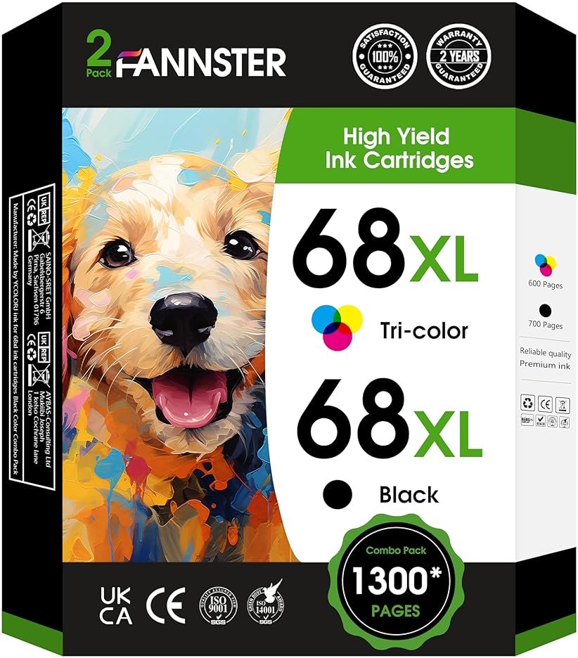 fannster 68XL 68e 68 Ink Cartridges Black Color Combo Pack Replacement for HP 68 Ink Cartridges, Compatible with HP Envy 6155e 6555e 6152e 6552e 6558e Printers (1 Black 1 Tri-Color) - Product Image