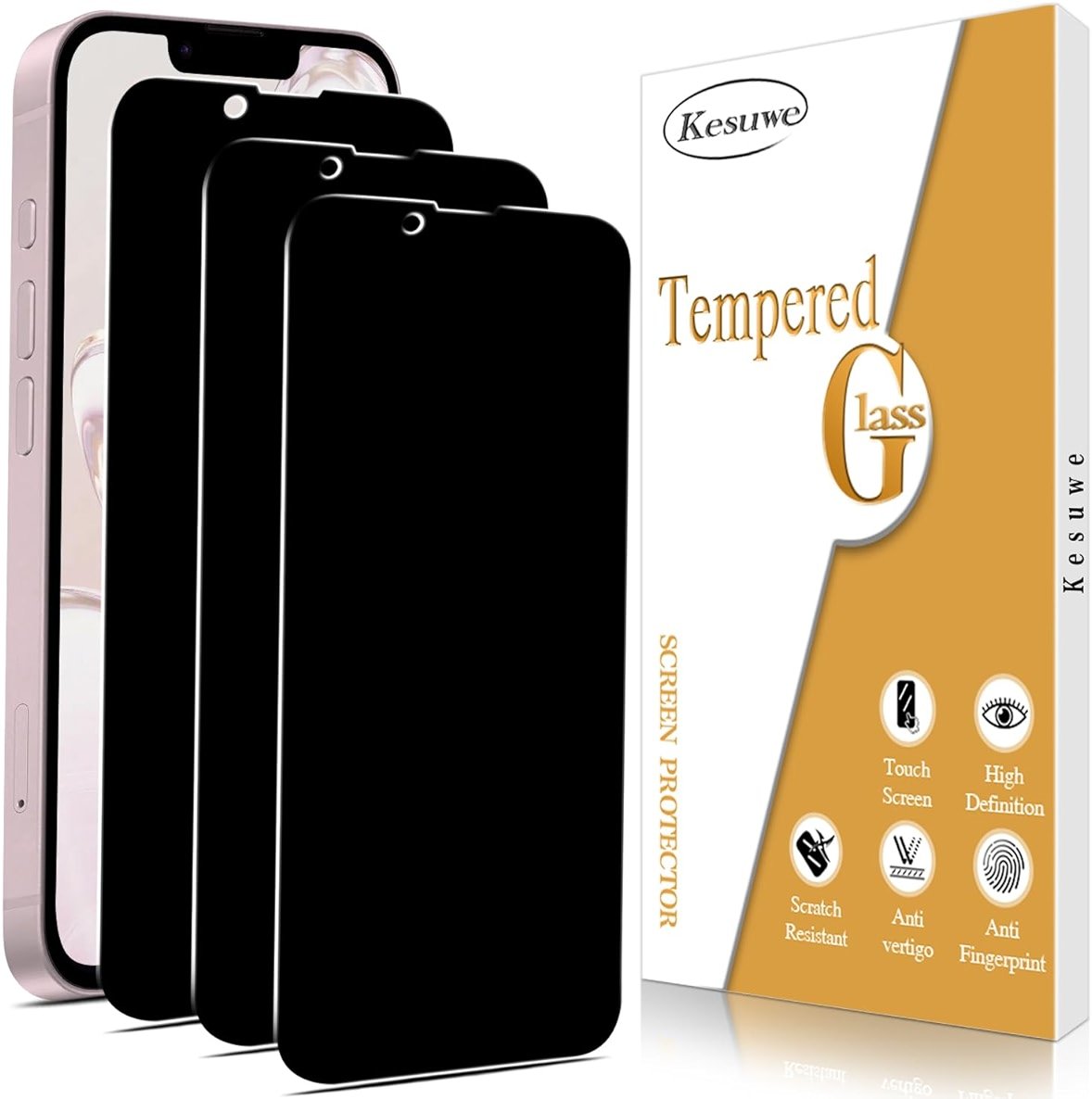 Kesuwe 3 Pack Privacy Screen Protector for iPhone 17e/16e 6.1 Inch Anti Spy Private Tempered Glass Film, 9H Hardness, Anti Scratch, Case Friendly, Easy Installation - Product Image