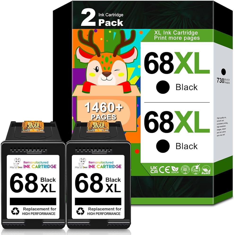 Miss Deer 68XL 68e Ink Cartridges Black 2 Pack Replacement for Hp 68 XL,Work for 6100e 6500e Printers for Envy 6152e 6155e 6552e 6555e 6558e 6110e 6110r 6120e 6130e 6131e 6132e 6165e 6520e 6530e - Product Image