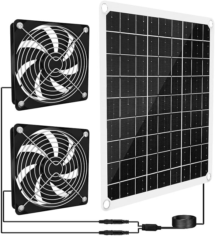 15W Solar Powered Fan for Chicken Coop, Solar Panel Exhaust & Intake Fan with Two Waterproof Fans 6.5Ft Cable Installation Kits, Ideal for Greenhouse Dog-House Outside Shed - Product Image