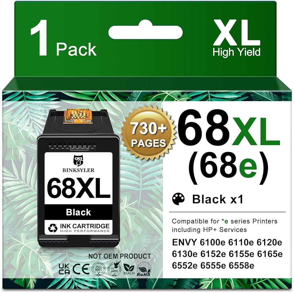 BINKSYLER 68XL 68e Ink Cartridges Black x1 Compatible for HP 68XL 68e 68 Ink, High Yield 730 Pages Work for Envy 6555e 6155e 6552e 6558e 6152e 6165e 6100e 6500e 6110e 6120e 6130e Printers - Product Image