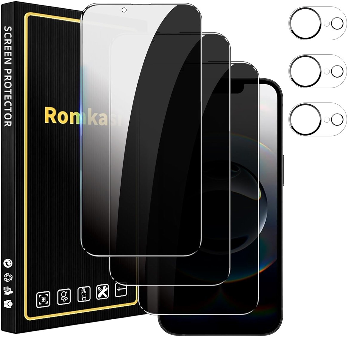 Romkasi 3 Pack Privacy Screen Protector for iPhone 17e 6.3 Inch with 3 Pack Camera Lens Protector, Anti Spy Tempered Glass Film, Anti-Scratch, Touch Sensitive, Case Friendly - Product Image