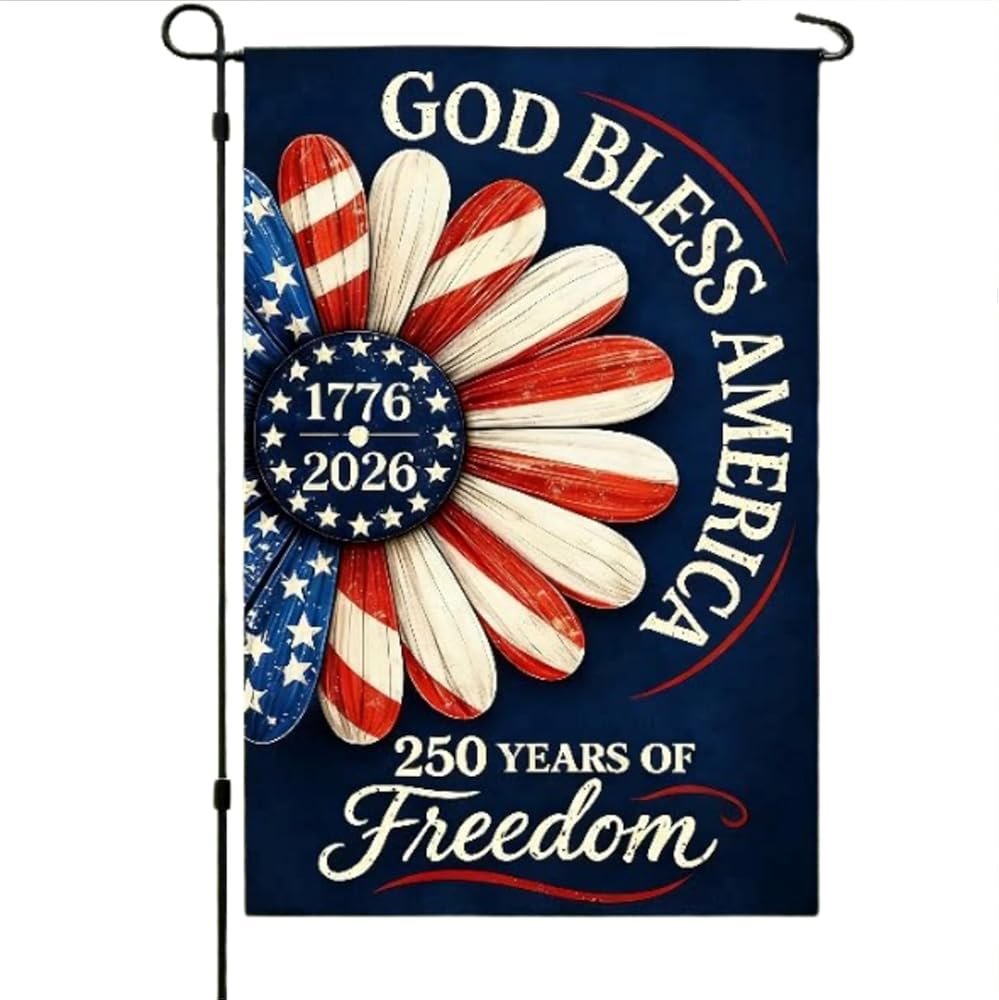 250th Anniversary US 4th of July Garden Flag with God Bless America Patriotic Daisy Design 250 Anniversary Flag Double Sided Independence Day Decorations 12x18 Inch - Product Image