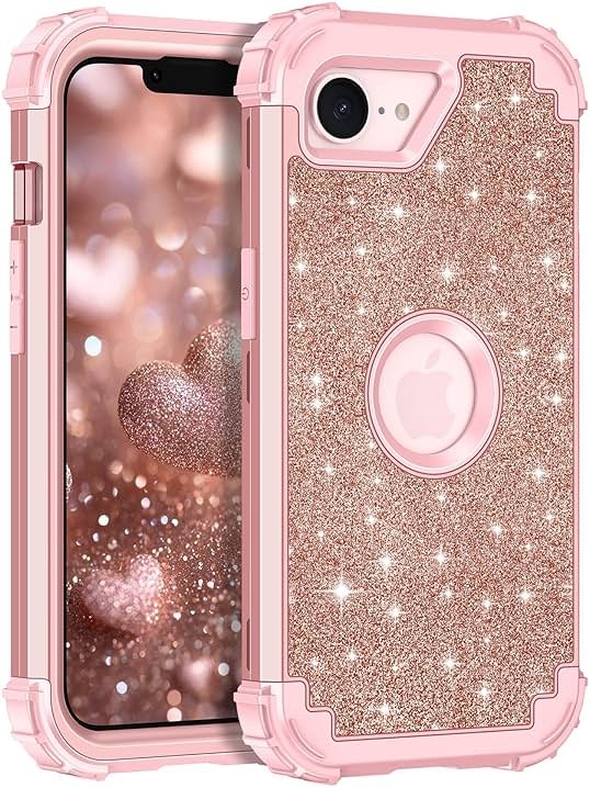 LONTECT for iPhone 17e Case Glitter Sparkly Bling 3 in 1 Shockproof Heavy Duty Hybrid Sturdy High Impact Protective Cover Case for Apple iPhone 17e 6.1 inch 2026,Rose Gold - Product Image