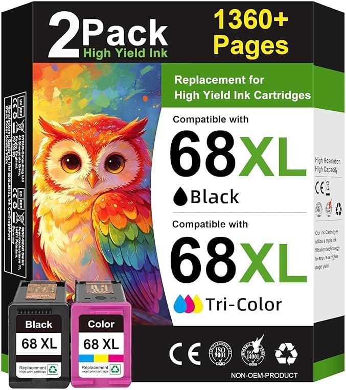 CINKCOCO 68XL 68 Ink Cartridges Black/Color Combo Pack Compatible for HP68 68 XL 68 Ink Cartridges for HP Printers Replacement for HP Ink 68 68e for Envy 6155e 6100e 6152e 6500e 6552e 6555e 6558e - Product Image