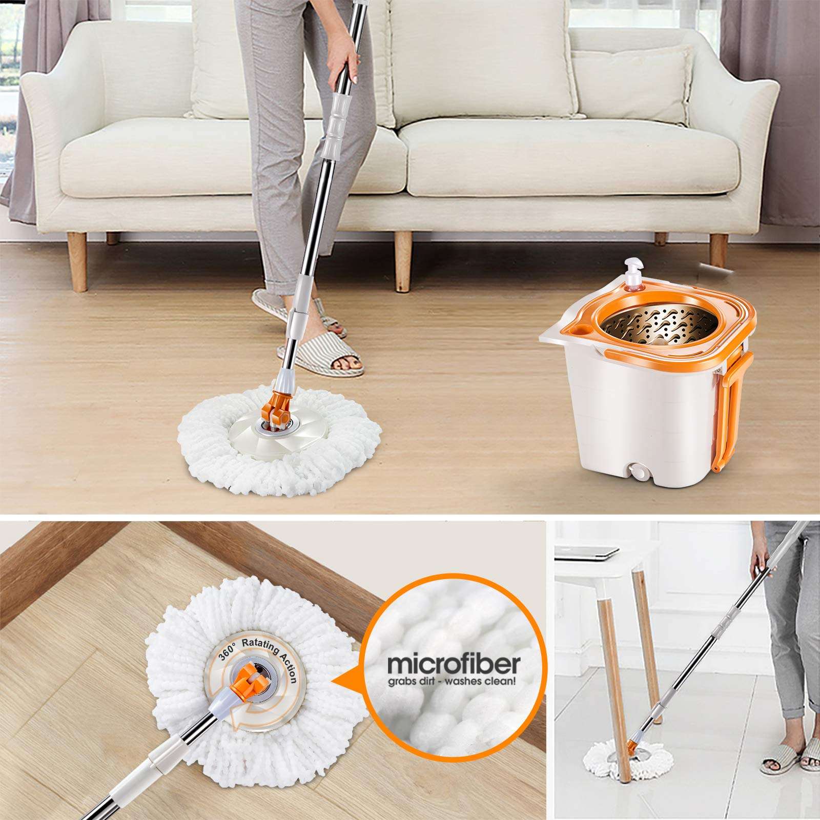 MASTERTOP Floor Spin Mop Bucket System with Wringer Set - Stainless Steel Mop Handle, Separate Clean and Dirty Water, 4 Washable Microfiber Mop Head, Cleaning Bucket Easy to Store - Image 5