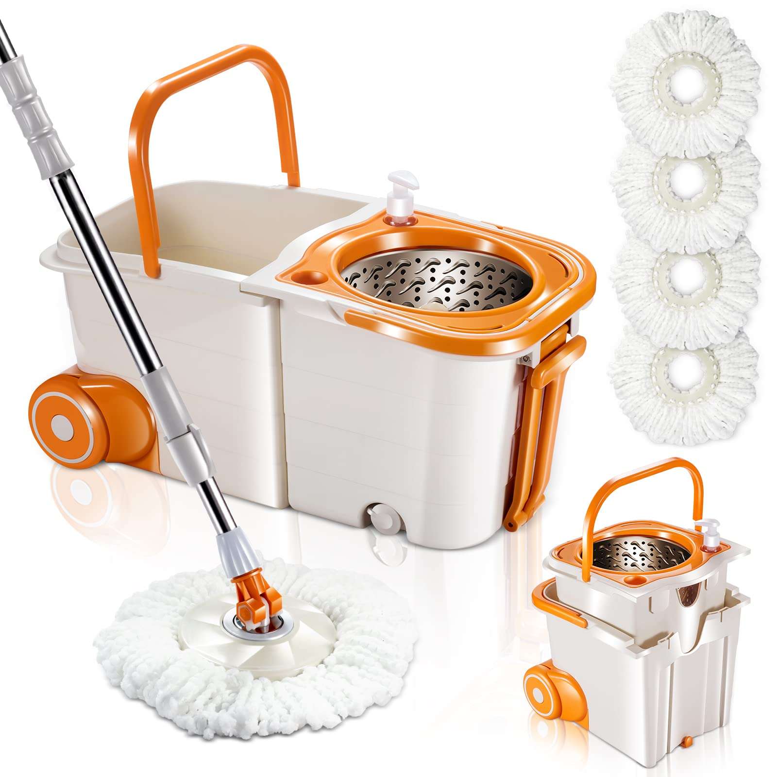 MASTERTOP Floor Spin Mop Bucket System with Wringer Set - Stainless Steel Mop Handle, Separate Clean and Dirty Water, 4 Washable Microfiber Mop Head, Cleaning Bucket Easy to Store - Image 1