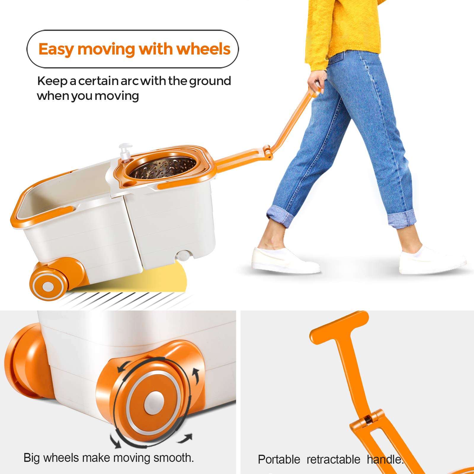 MASTERTOP Floor Spin Mop Bucket System with Wringer Set - Stainless Steel Mop Handle, Separate Clean and Dirty Water, 4 Washable Microfiber Mop Head, Cleaning Bucket Easy to Store - Image 4