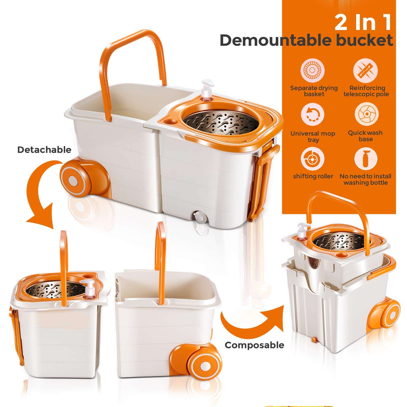 MASTERTOP Floor Spin Mop Bucket System with Wringer Set - Stainless Steel Mop Handle, Separate Clean and Dirty Water, 4 Washable Microfiber Mop Head, Cleaning Bucket Easy to Store - Image 3