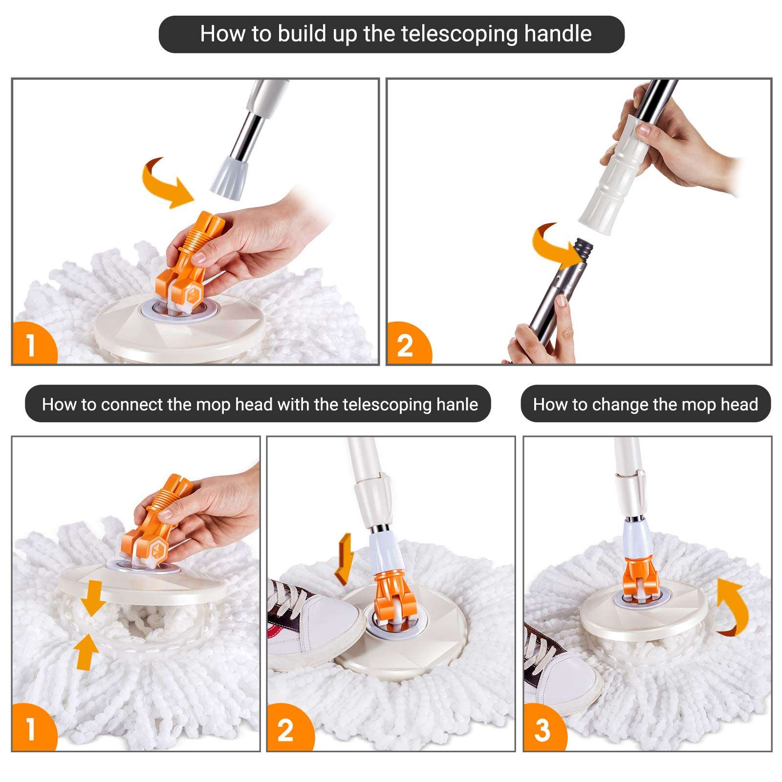 MASTERTOP Floor Spin Mop Bucket System with Wringer Set - Stainless Steel Mop Handle, Separate Clean and Dirty Water, 4 Washable Microfiber Mop Head, Cleaning Bucket Easy to Store - Image 7