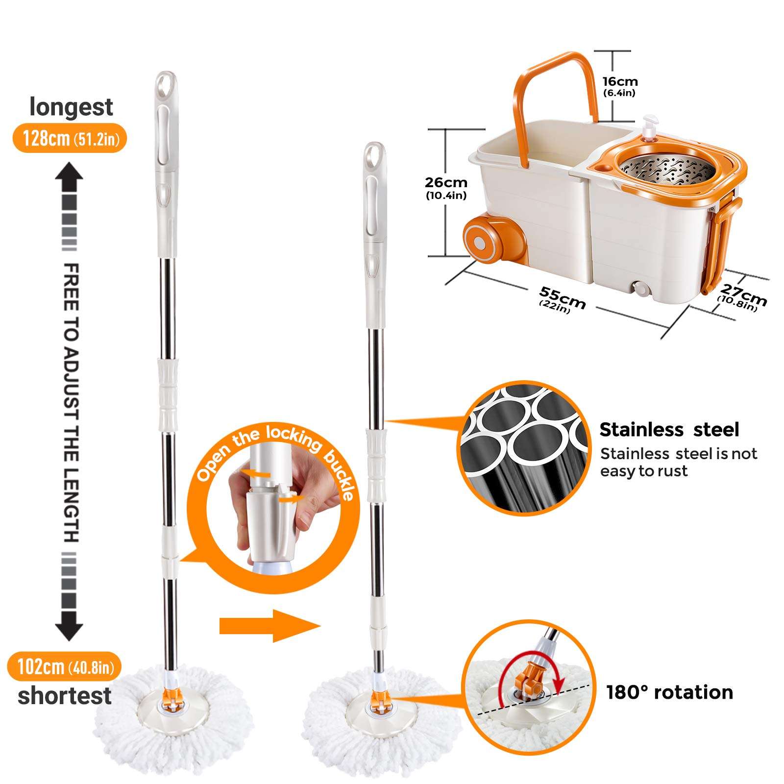 MASTERTOP Floor Spin Mop Bucket System with Wringer Set - Stainless Steel Mop Handle, Separate Clean and Dirty Water, 4 Washable Microfiber Mop Head, Cleaning Bucket Easy to Store - Image 2