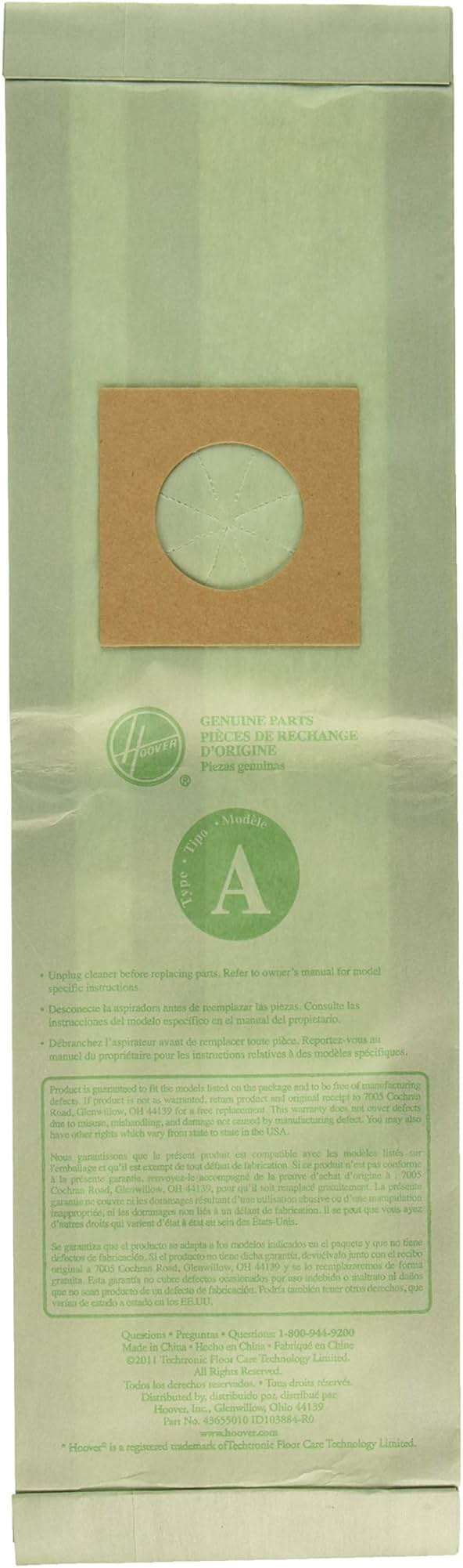 Hoover Vacuum Cleaner Bags for Upright Vacs, Pack of 3, White-Green, Type A, Part # 4010001A, Hoover Vacuum Bags Refill - Image 1
