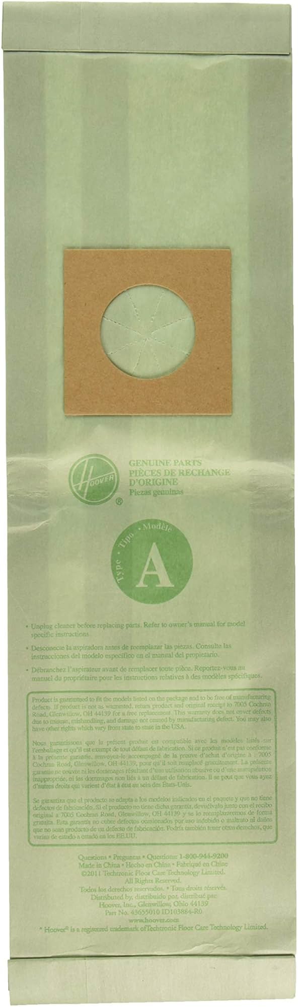 Hoover Vacuum Cleaner Bags for Upright Vacs, Pack of 3, White-Green, Type A, Part # 4010001A, Hoover Vacuum Bags Refill - Product Image