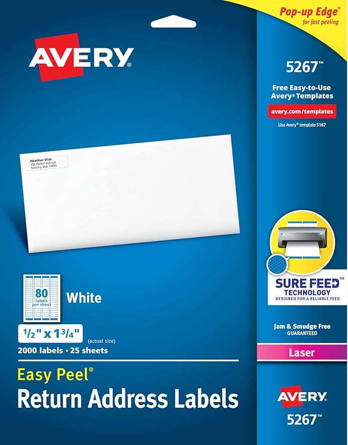 Avery Printable Return Address Labels with Sure Feed, 0.5" x 1.75", White, 2,000 Blank Mailing Labels (05267) - Image 1