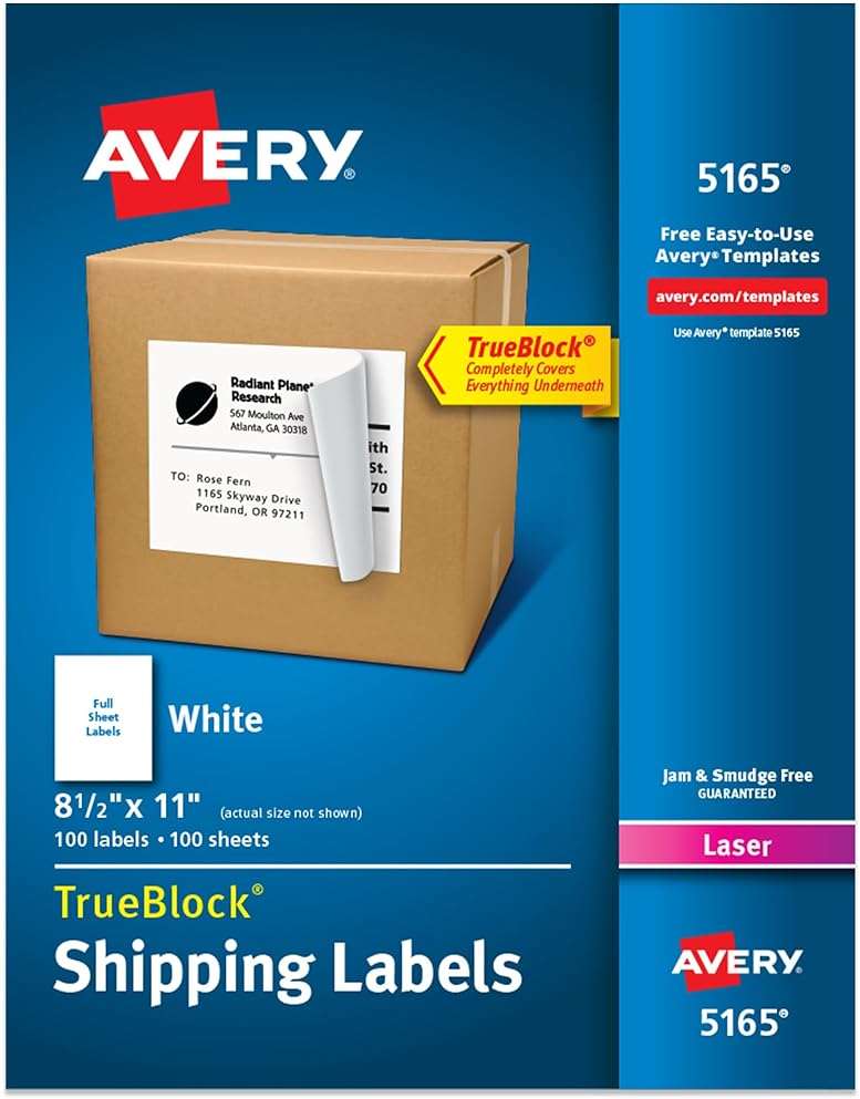 Avery Full-Sheet Printable Shipping Labels, 8.5" x 11" Customizable Stickers, White, 100 Blank Mailing Labels, Great for Mailing, Shipping, Organizing, and More (5165) - Image 1