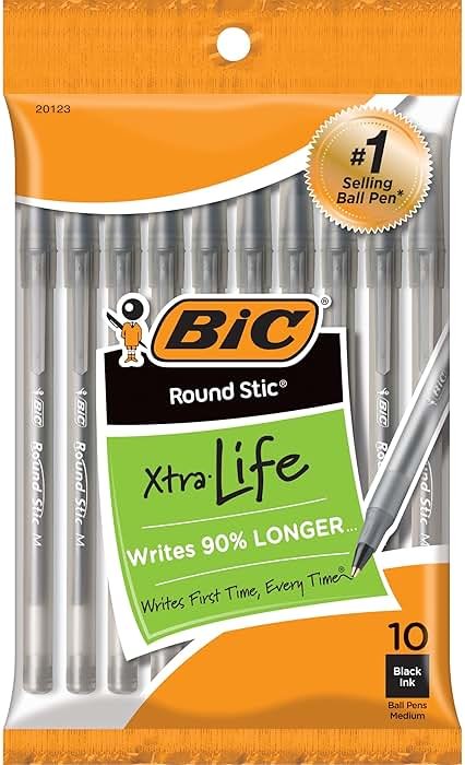 BIC Round Stic Xtra Life Black Ballpoint Pens, Medium Point (1.0mm), 10-Count Pack of Bulk Pens, Flexible Round Barrel for Writing Comfort, No. 1 Selling Ballpoint Pens - Product Image