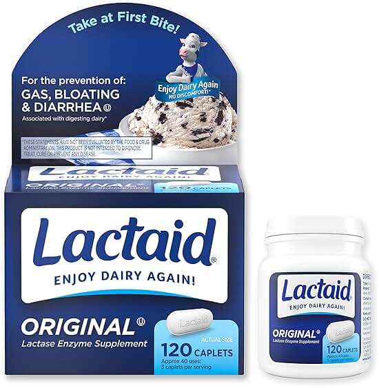 Lactaid Original Strength 9000 FCC Lactase Enzyme Unflavored Caplets Works Fast for Lactose Intolerance, Helps Prevent Gas, Bloating, and Diarrhea Associated with Dairy, 120 Ct - Image 6