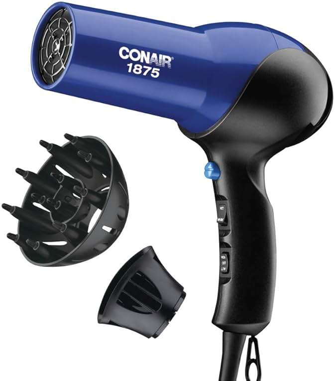 Conair Fast Dry Lightweight Hair Dryer | Powerful 1875W motor for thick and coarse hair, includes diffuser & concentrator attachments, Blue/Black, 146NXL - Image 1