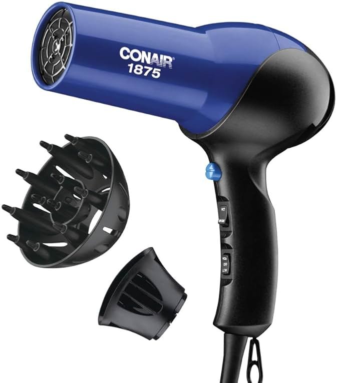 Conair Fast Dry Lightweight Hair Dryer | Powerful 1875W motor for thick and coarse hair, includes diffuser & concentrator attachments, Blue/Black, 146NXL - Product Image