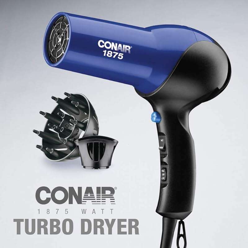 Conair Fast Dry Lightweight Hair Dryer | Powerful 1875W motor for thick and coarse hair, includes diffuser & concentrator attachments, Blue/Black, 146NXL - Image 7