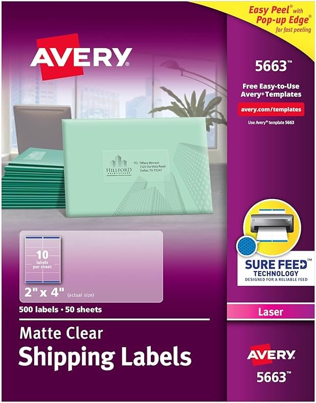 Avery Printable Shipping Labels with Sure Feed, 2" x 4", Matte Clear, 500 Blank Mailing Labels (5663) - Product Image