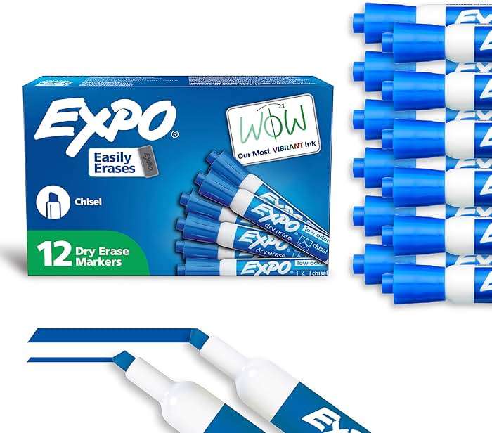 EXPO Dry Erase Markers, Low Odor Ink, Blue, Chisel Tip, 12 Count - Whiteboard, Calendar, Organization, Essential Supplies for Office, School, Classroom, Teachers - Image 1