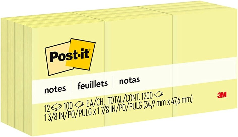 Post-it Notes, 1 /3/8 x 1 7/8 in, 12 Sticky Notes Pads, 100 Sheets per Pad, Canary Yellow, The Original Post-it Note, School Supplies and Office Products - Product Image