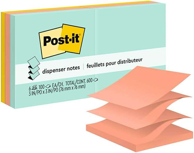 Post-it Pop-up Notes, 6 Sticky Note Pads, 3 x 3 in., School Supplies, Office Products, Accordion Sticky Notes Work with Pop-Up Note Dispenser, Beachside Café Collection - Image 1