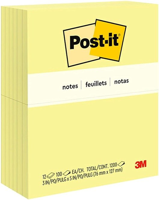 Post-it Notes, 3 in x 5 in, 12 Sticky Notes Pads, 100 Sheets per Pad, Canary Yellow, The Original Post-it Note, School Supplies and Office Products - Product Image