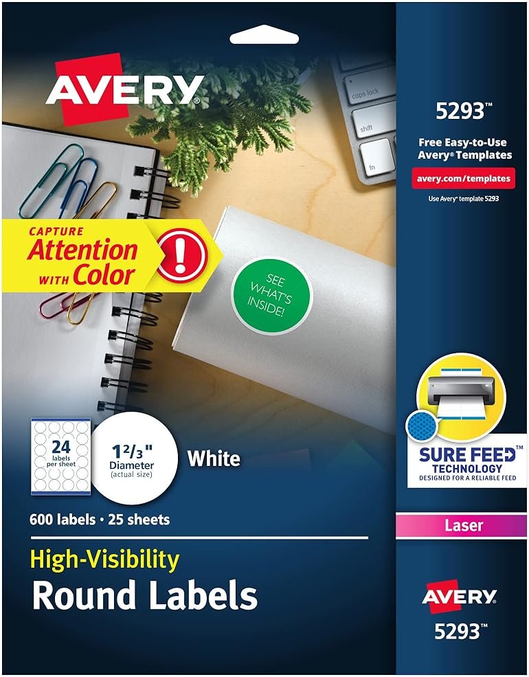 Avery Round Printable Labels, 1-2/3" Diameter, Matte White, Sure Feed Technology, Laser & Inkjet Compatible, 600 Blank Labels Total, Great for Branding, Packages, School Supplies, and More (5293) - Product Image