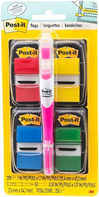 Post-it Flags Value Pack, 50/Dispenser, 4 Dispensers/Pack, 1 in Wide, Assorted Colors, Includes Free Flags + Highlighter - Image 1