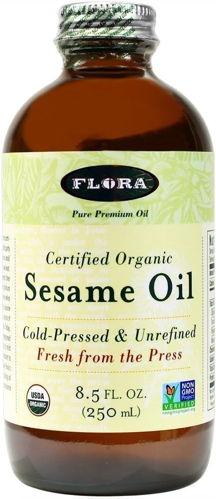 Flora - Certified Organic Sesame Oil - Cold-Pressed Cooking Oil with Essential Fatty Acids - Vegan, Kosher & Non-GMO - 8.5 fl. oz. Glass Bottle - Product Image