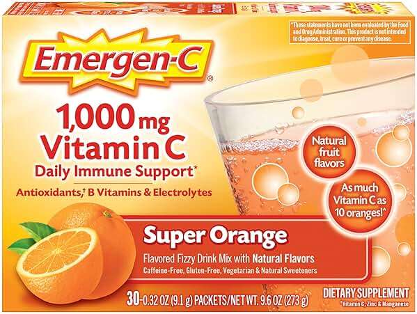 Emergen-C 1000mg Vitamin C Powder for Daily Immune Support Caffeine Free Vitamin C Supplements with Zinc and Manganese, B Vitamins and Electrolytes, Super Orange Flavor - 30 Count - Image 1