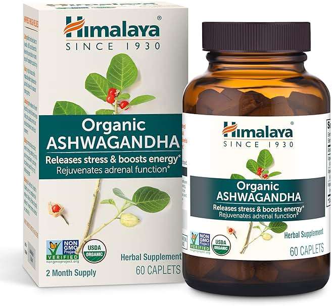Himalaya Organic Ashwagandha Root, 2 Month Supply - Herbal Adrenal Support Supplements for Stress Relief and Energy Support - USDA Organic, Non-GMO, Vegan, Gluten Free, 670 mg, 60 Caplets - Image 1