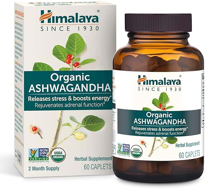 Himalaya Organic Ashwagandha Root, 2 Month Supply - Herbal Adrenal Support Supplements for Stress Relief and Energy Support - USDA Organic, Non-GMO, Vegan, Gluten Free, 670 mg, 60 Caplets - Product Image