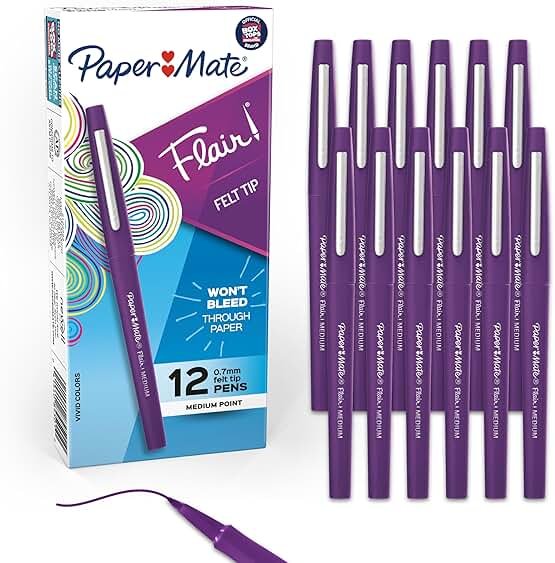 Paper Mate Flair Felt Tip Pens, Medium Point (0.7mm), Vivid Purple, 12 Count - For Teachers, Students, Classroom Use, Note-Taking, Arts & Crafts - Product Image