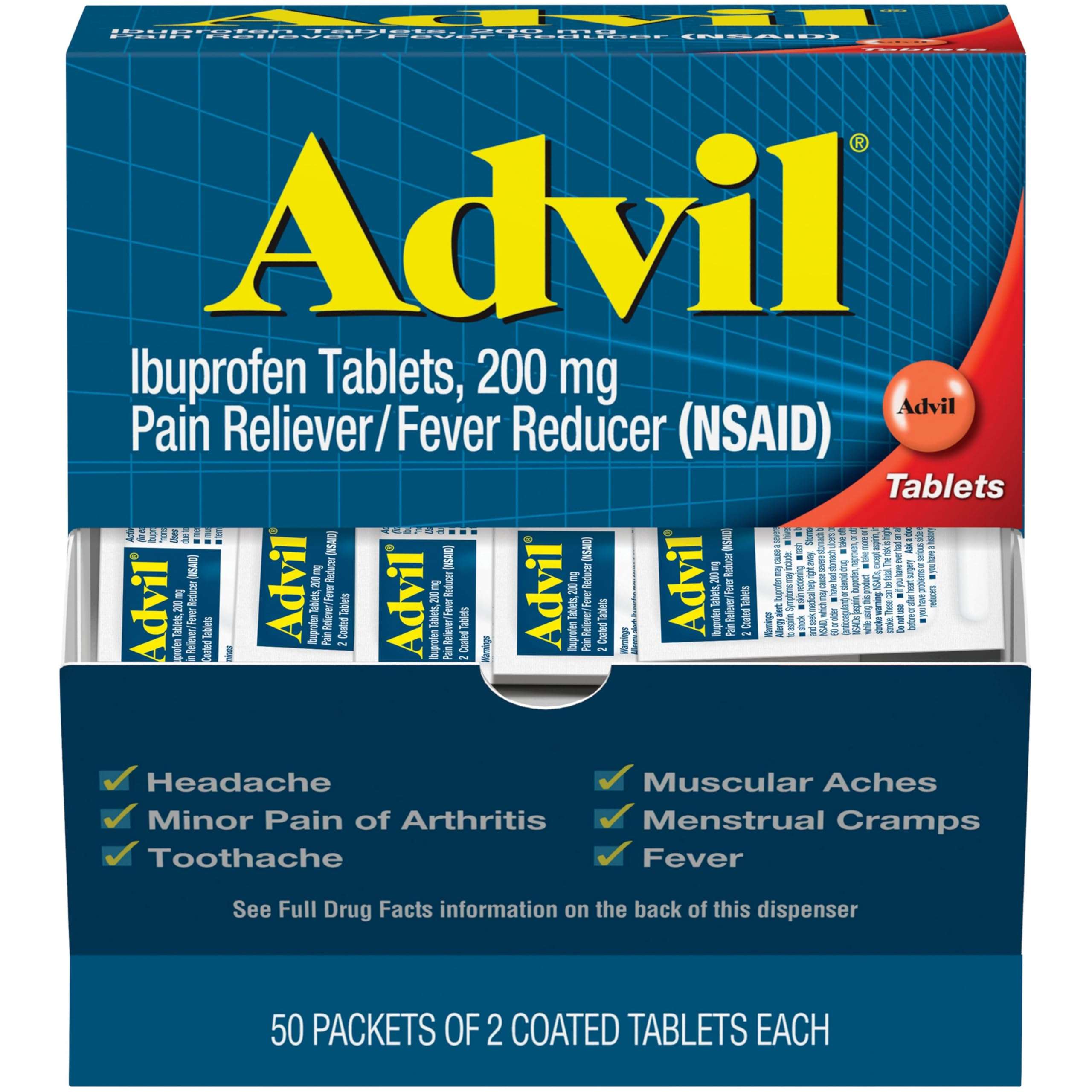 Advil Pain Reliever and Fever Reducer, Pain Relief Medicine with Ibuprofen 200mg for Headache, Backache, Menstrual Pain and Joint Pain Relief - 50x2 Coated Tablets - Image 1